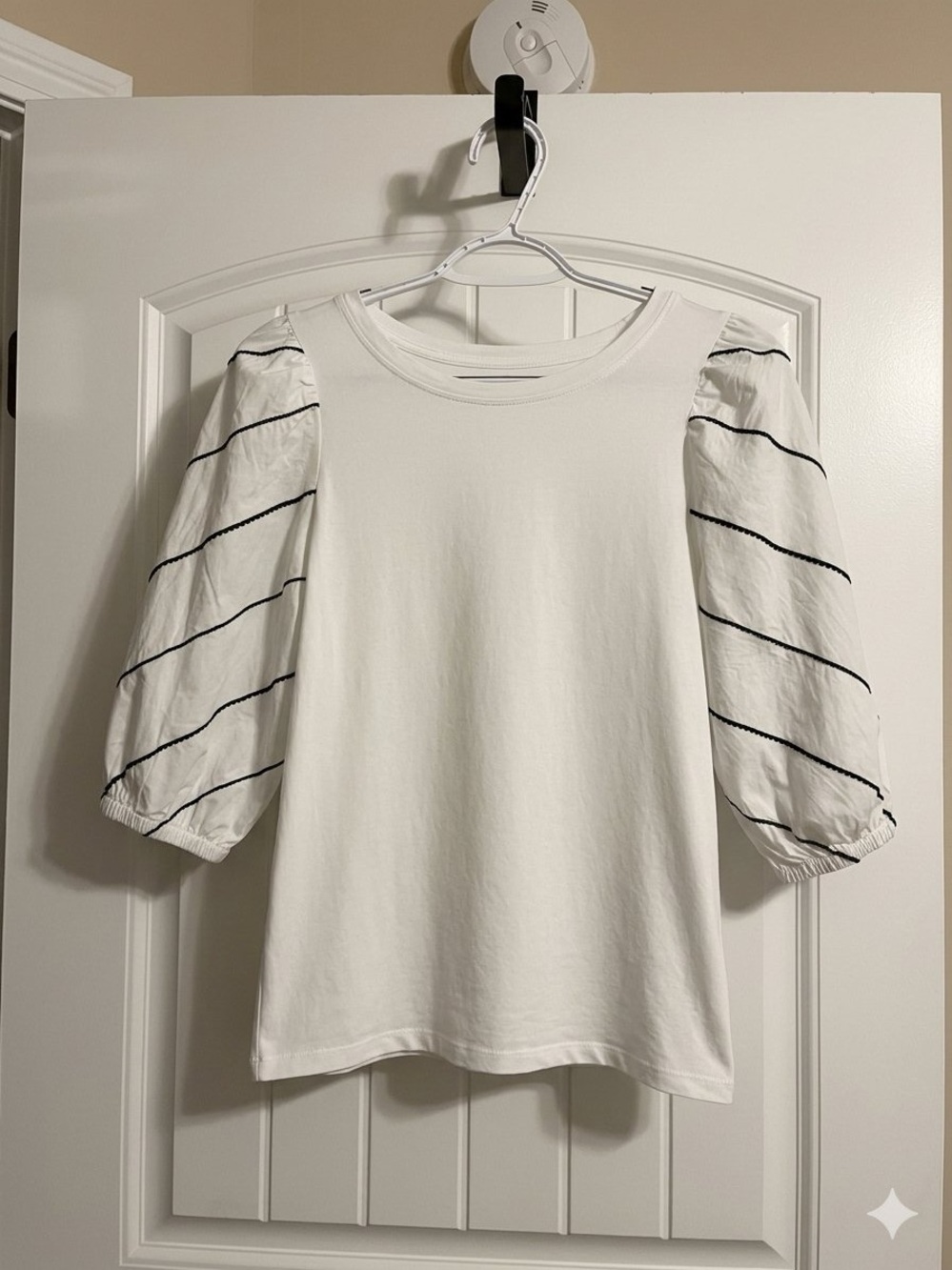 LOFT White Puff Sleeve Tee with Navy Stripe Accents